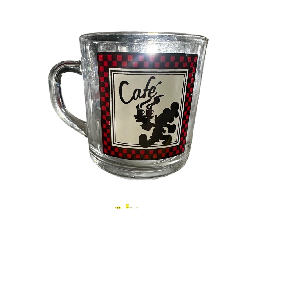 Disney Mickey Mouse Cafe Glass Coffee Mug Clear Red Black Checkered USA Made
